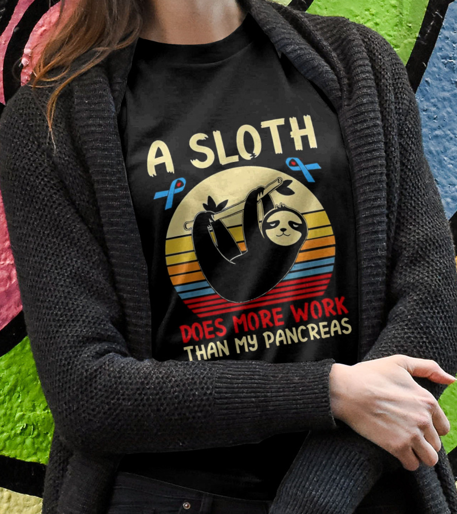 A Sloth Does More Work Than My Pancreas Vintage Style With Blue Diabetes Awareness Ribbons Shirt